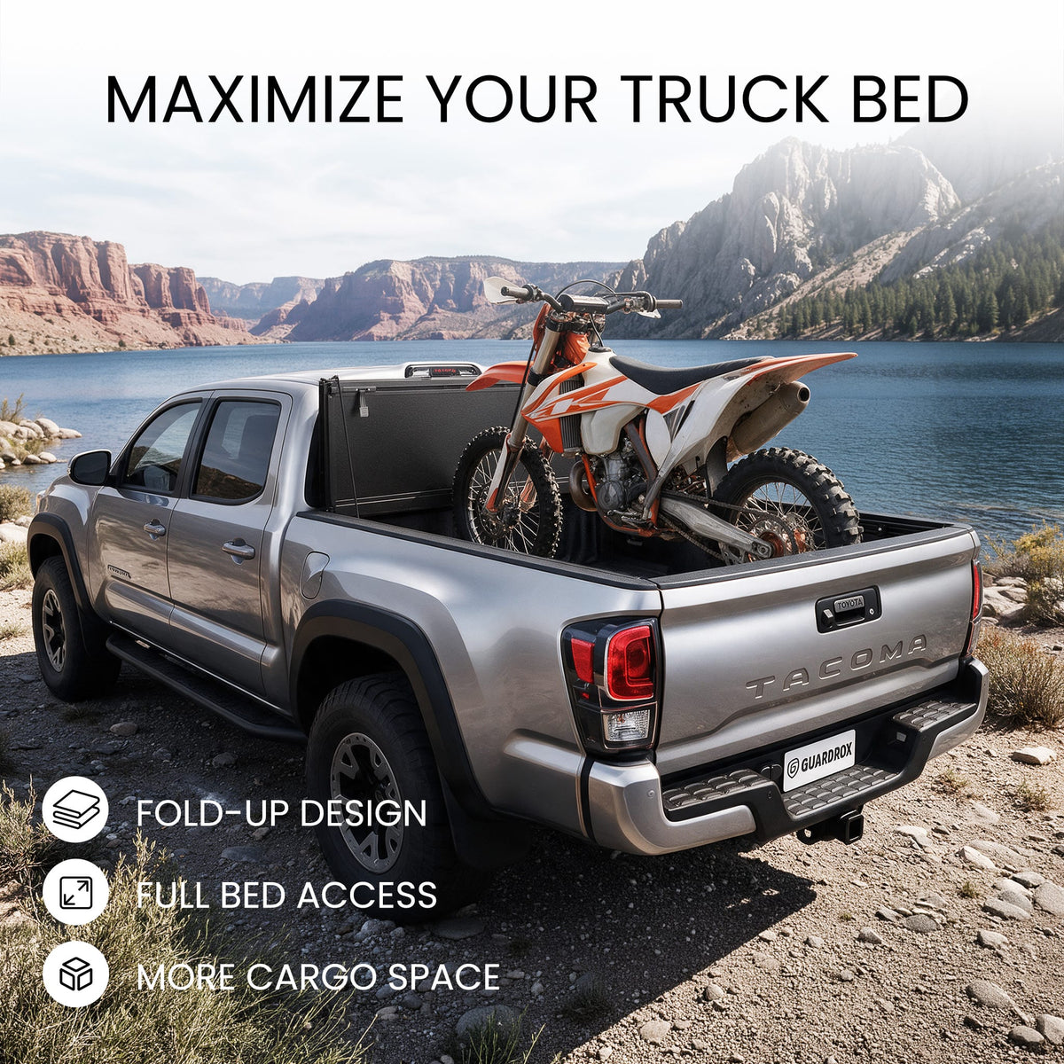 Flip-up tonneau cover for Toyota Tacoma 6ft Long Bed opening for tall cargo