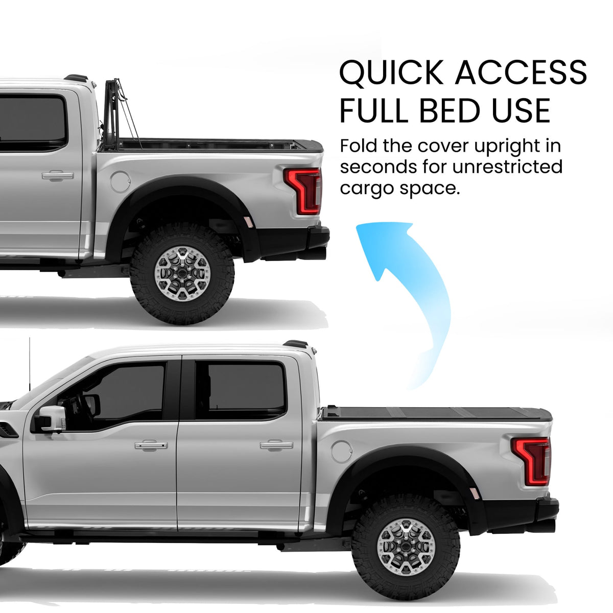 Ford F-150 6.5ft Long Bed flip-up tonneau cover open vs closed comparison