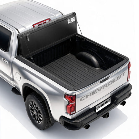 Guardrox LX5 flip-up hard tri-fold tonneau cover on Chevy Silverado 1500, work truck bed cover