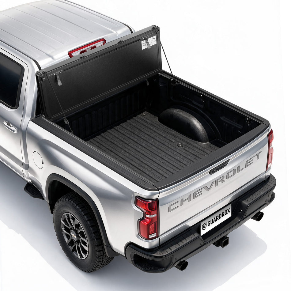 Guardrox LX5 flip-up hard tri-fold tonneau cover on Chevy Silverado 1500 Long Bed, long bed work truck bed cover