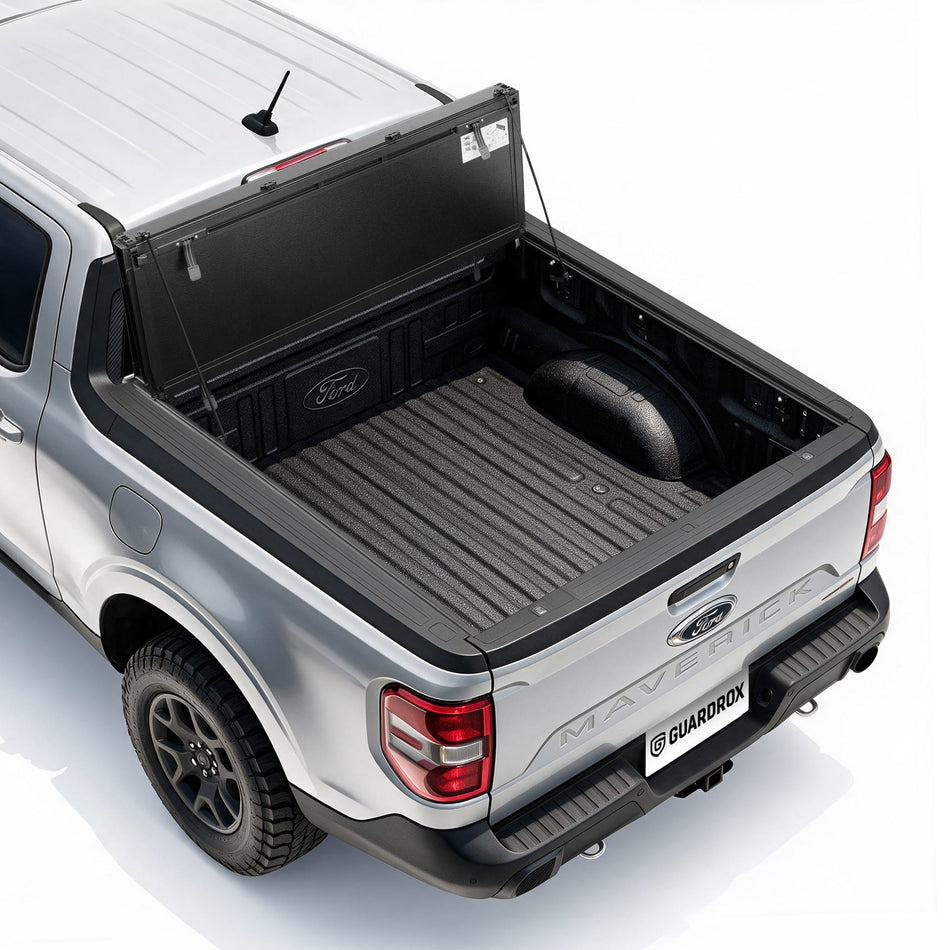 Guardrox LX5 flip-up hard tri-fold tonneau cover on Ford Maverick, compact pickup bed cover