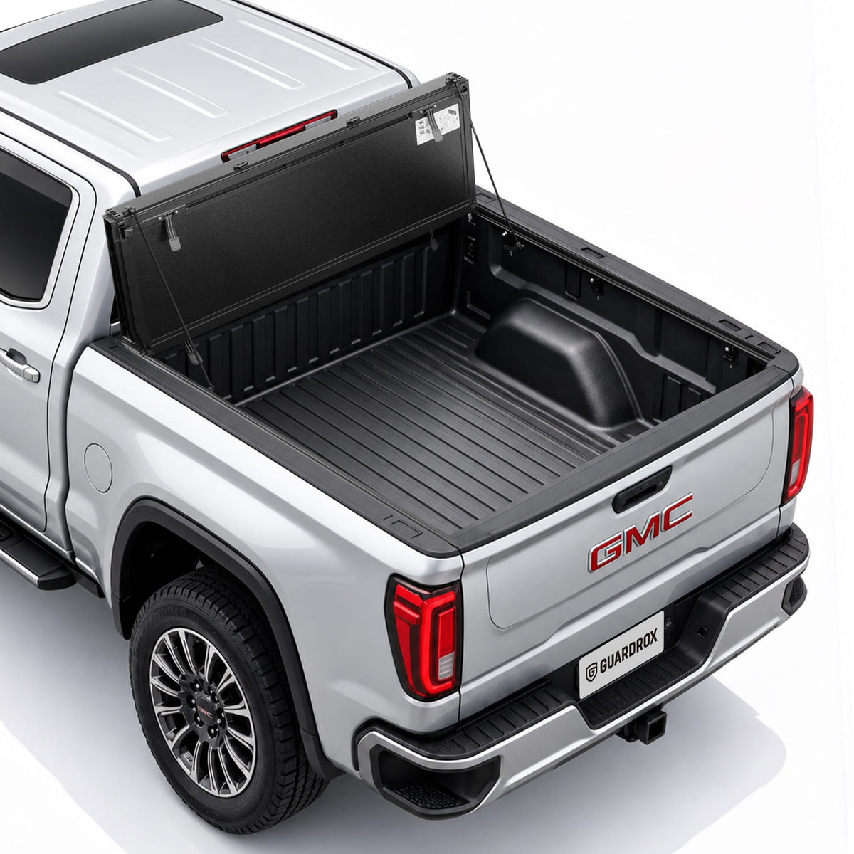 Guardrox LX5 flip-up hard tri-fold tonneau cover on GMC Sierra 1500 Long Bed, premium long bed truck bed cover