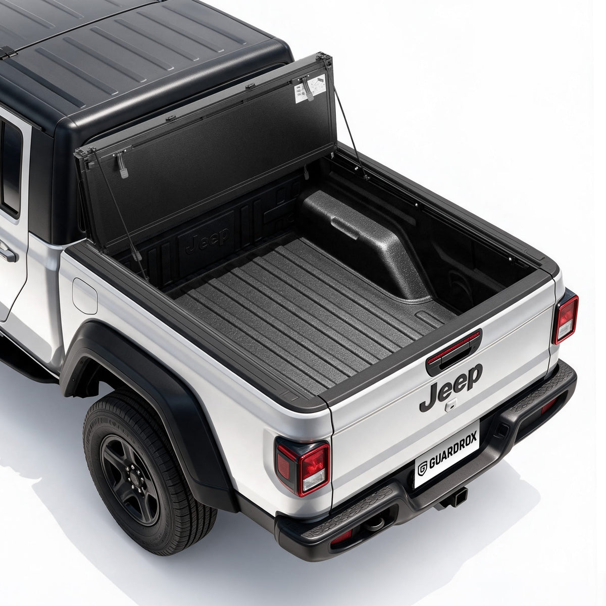 Guardrox LX5 flip-up hard tri-fold tonneau cover on Jeep Gladiator JT, off-road adventure truck bed cover