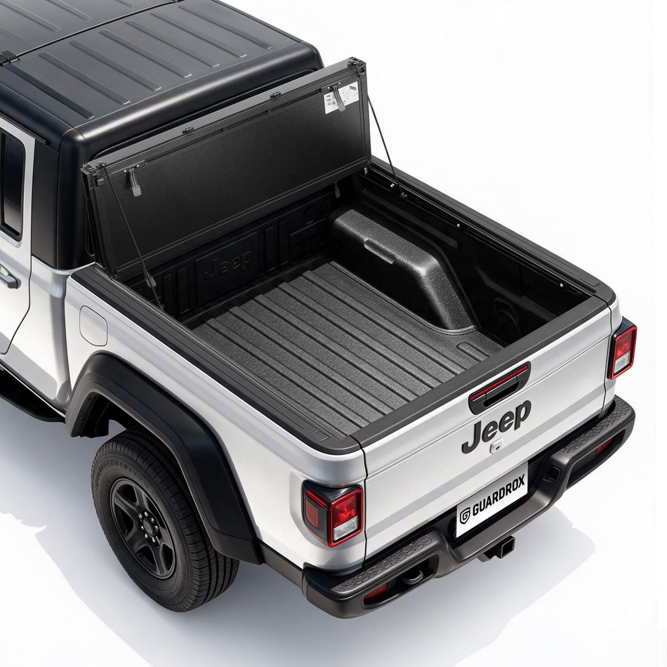 Guardrox LX5 flip-up hard tri-fold tonneau cover on Jeep Gladiator JT, off-road adventure truck bed cover