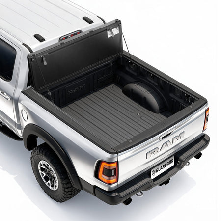 Guardrox LX5 flip-up hard tri-fold tonneau cover on Ram 1500, the comfortable pickup's bed cover