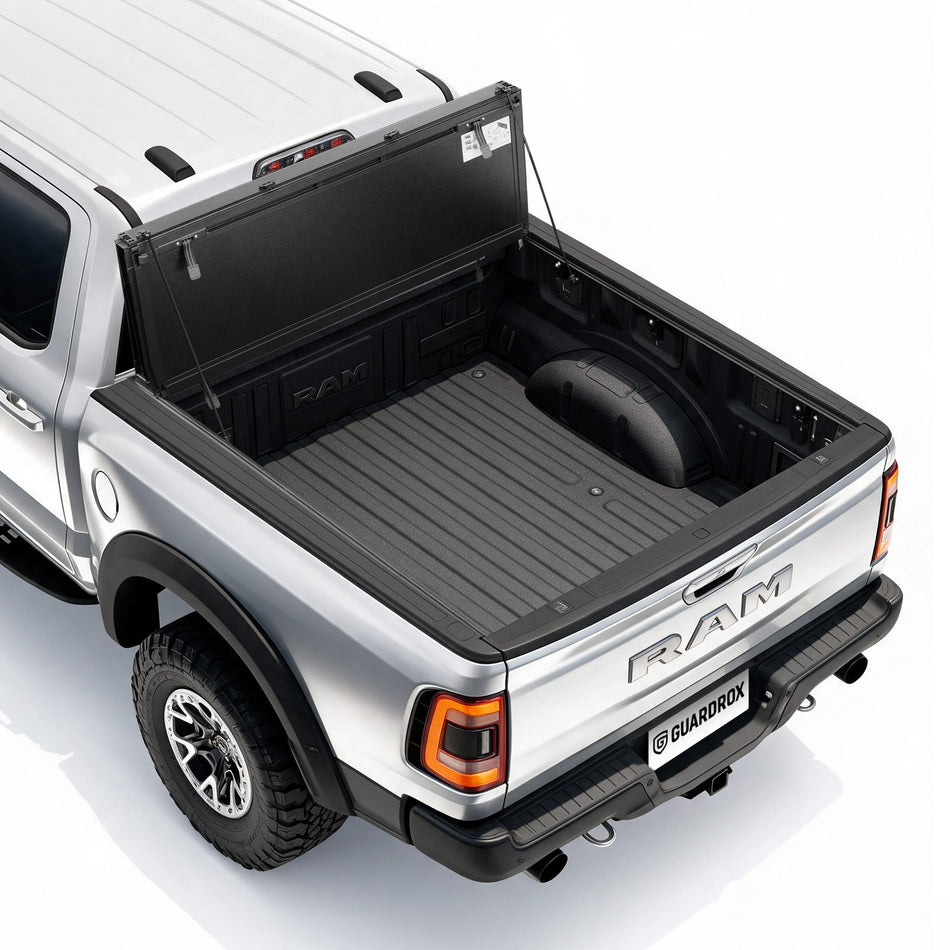 Guardrox LX5 flip-up hard tri-fold tonneau cover on Ram 1500, the comfortable pickup's bed cover