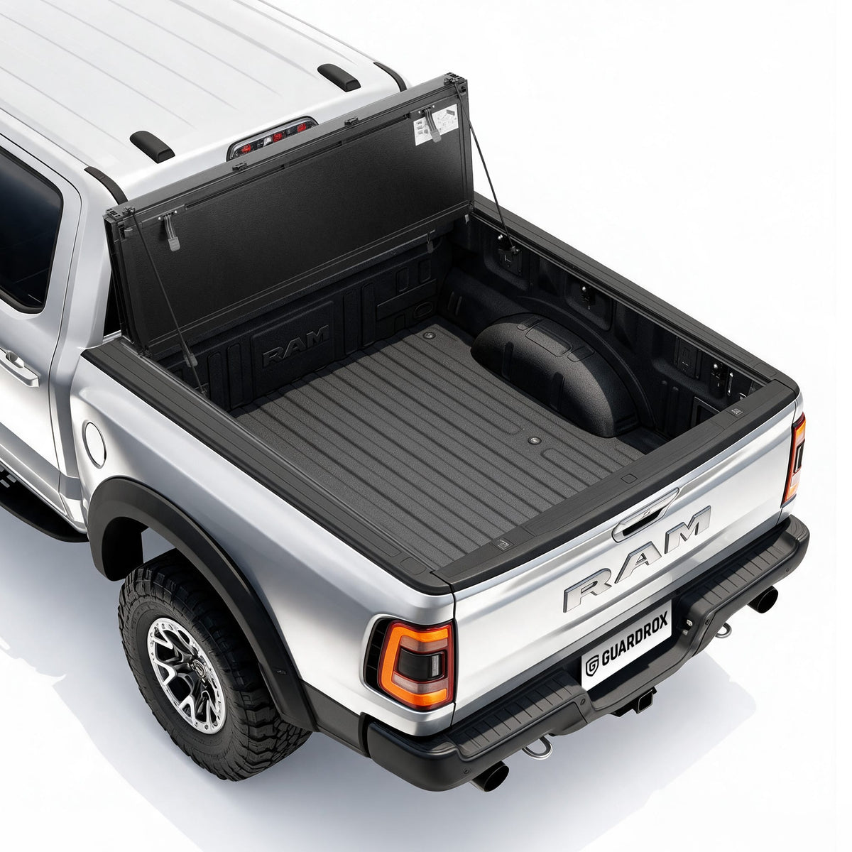 Guardrox LX5 flip-up hard tri-fold tonneau cover on Ram 2500/3500, heavy-duty HD truck bed cover
