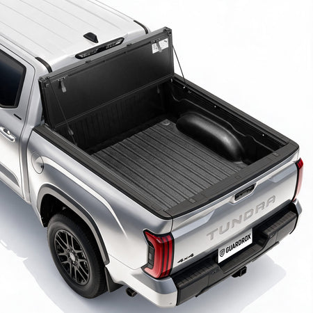 Guardrox LX5 flip-up hard tri-fold tonneau cover on 2007-2021 Toyota Tundra, old generation Tundra bed cover