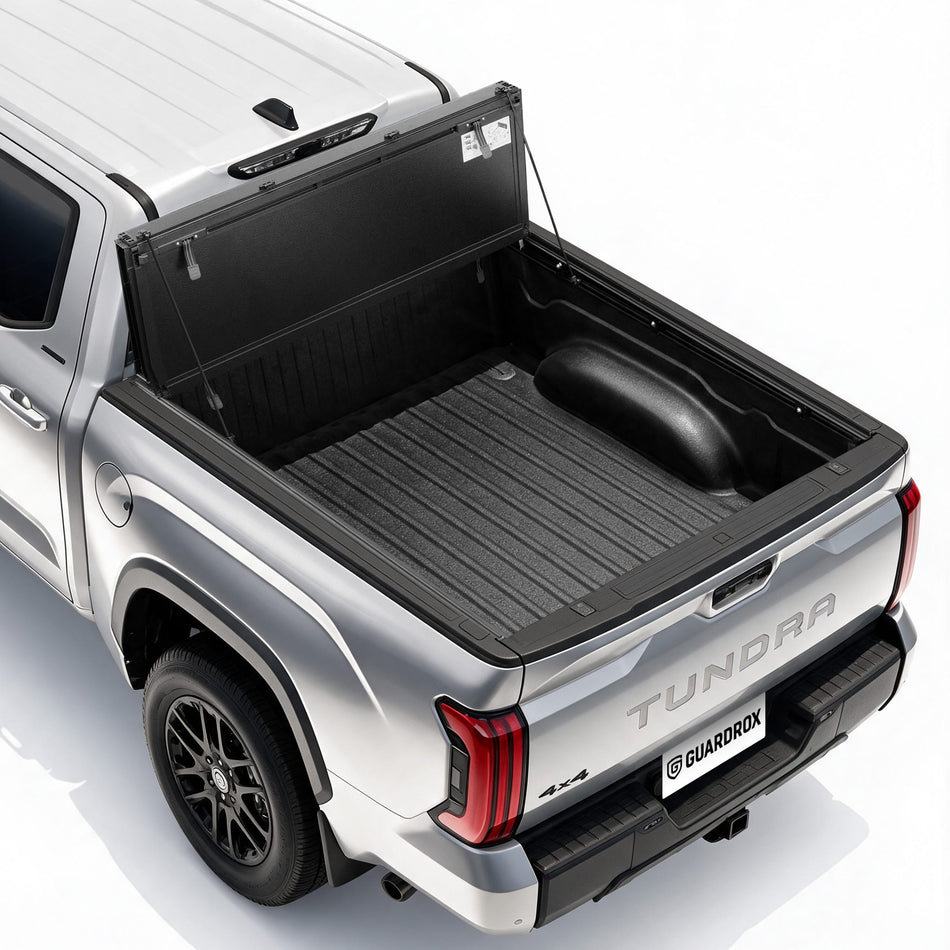 Guardrox LX5 flip-up hard tri-fold tonneau cover installed on Toyota Tundra