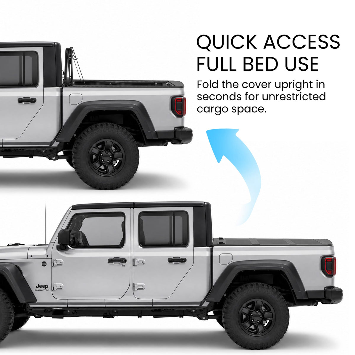 Jeep Gladiator JT flip-up tonneau cover open vs closed comparison