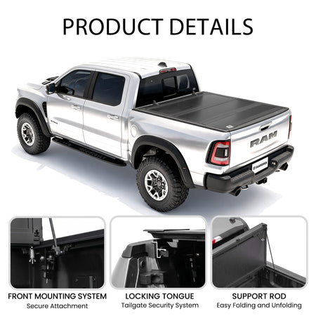 Detail of LX5 2002-2018 Dodge Ram 1500 tonneau cover struts and lock latch
