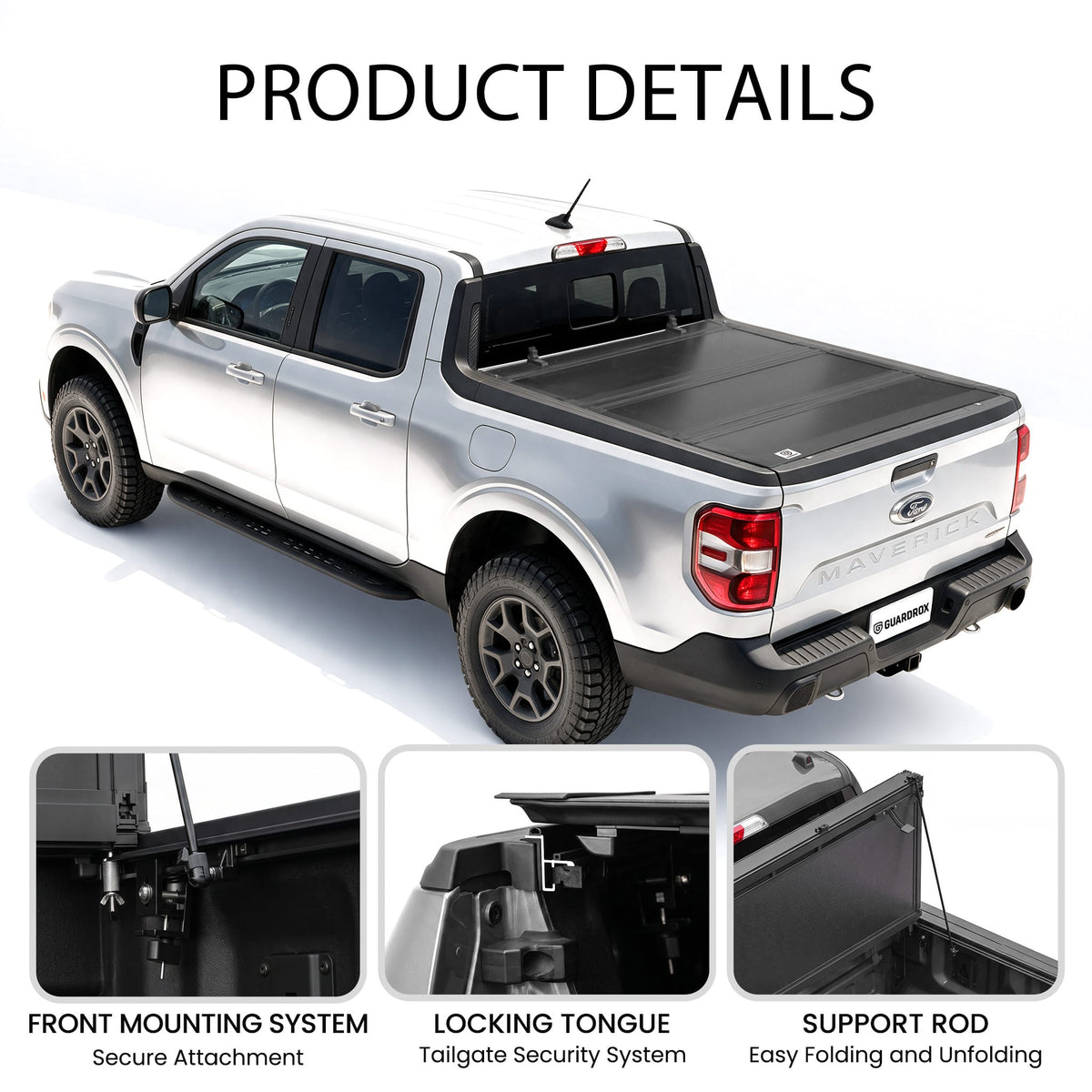 Detail of LX5 Ford Maverick tonneau cover struts and lock latch