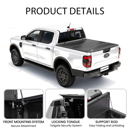 Detail of LX5 Ford Ranger 2019-2023 tonneau cover struts and lock latch