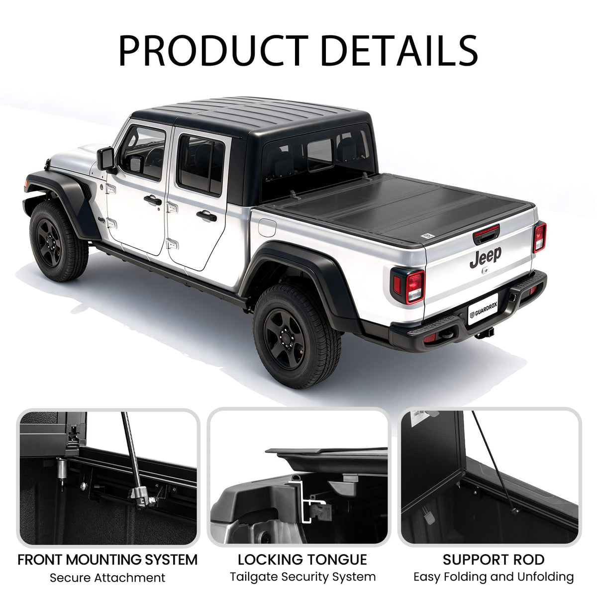 Detail of LX5 Jeep Gladiator JT tonneau cover struts and lock latch