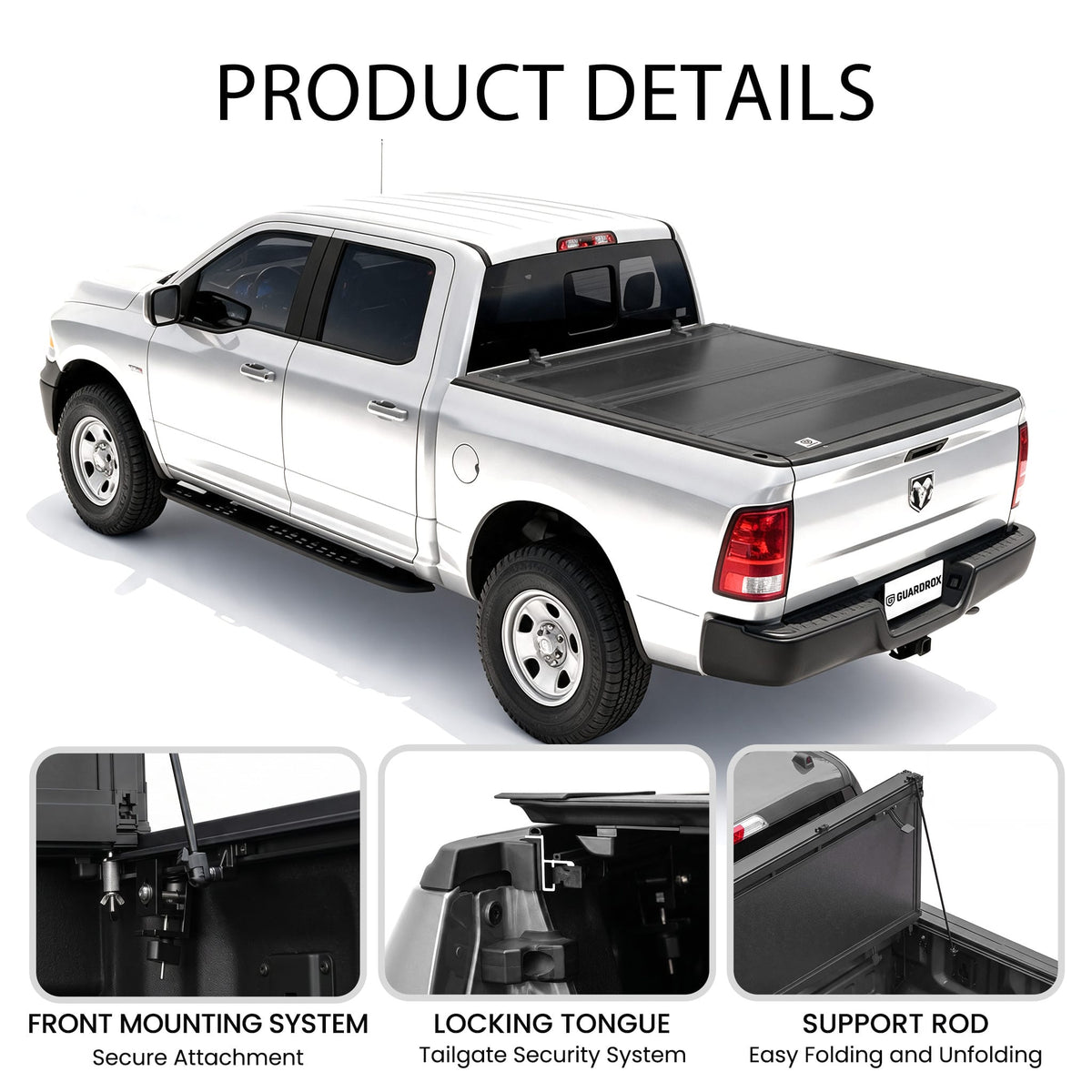 Detail of LX5 Ram 1500 Classic tonneau cover struts and lock latch