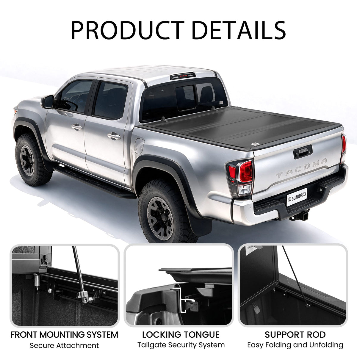 Detail of LX5 Toyota Tacoma 6ft Long Bed tonneau cover struts and lock latch
