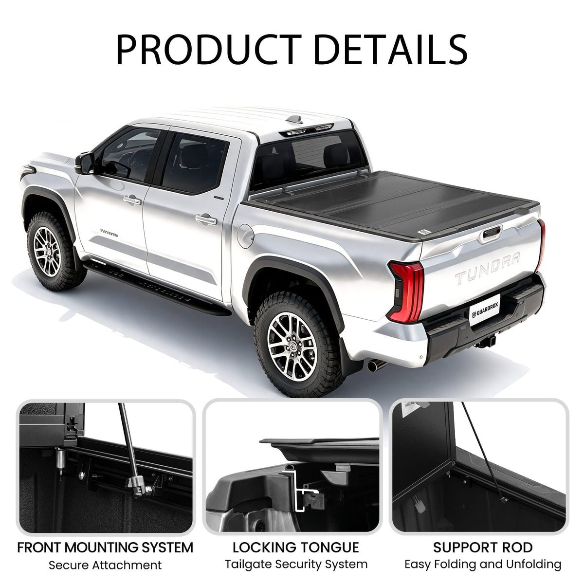 Close-up of LX5 Toyota Tundra tonneau cover struts and latch mechanism