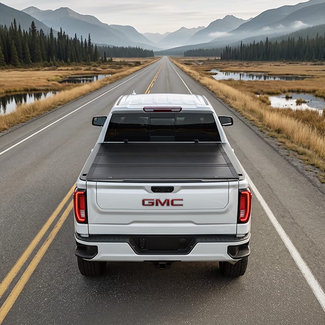 GMC Sierra 1500 Long Bed with LX5 tonneau cover on outdoor adventure