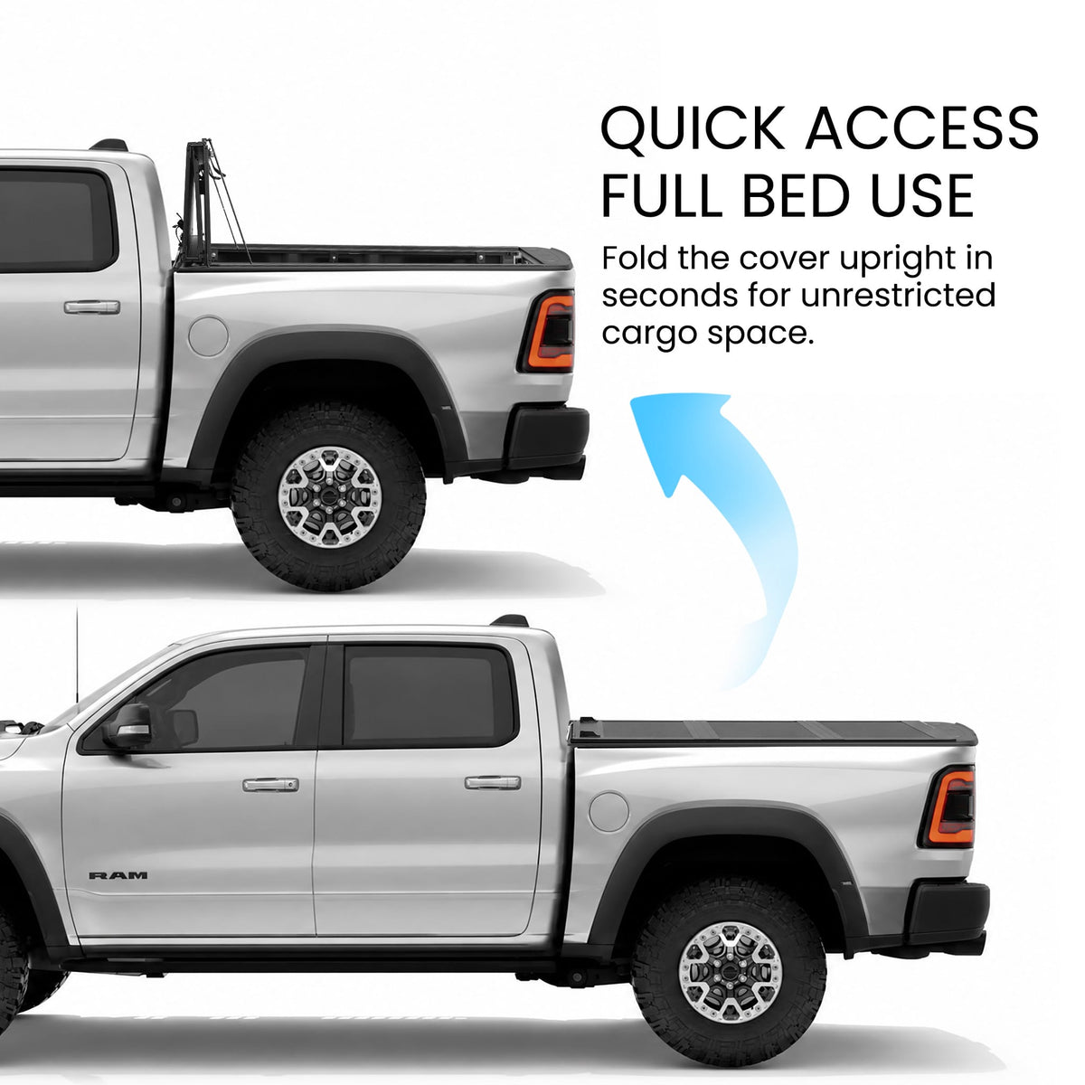 Ram 2500/3500 flip-up tonneau cover open vs closed comparison
