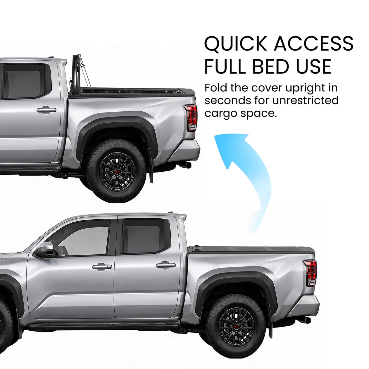Toyota Tacoma 6ft Long Bed flip-up tonneau cover open vs closed comparison
