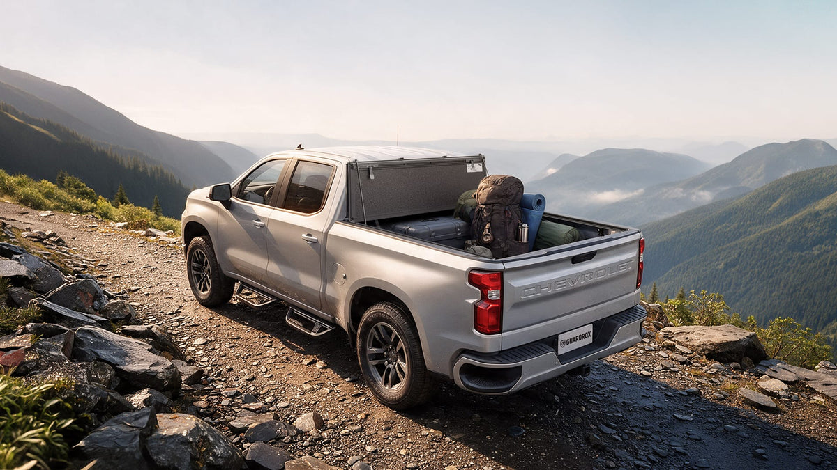 Flip-up tonneau cover upright on Chevy Silverado 1500 Long Bed for full bed access