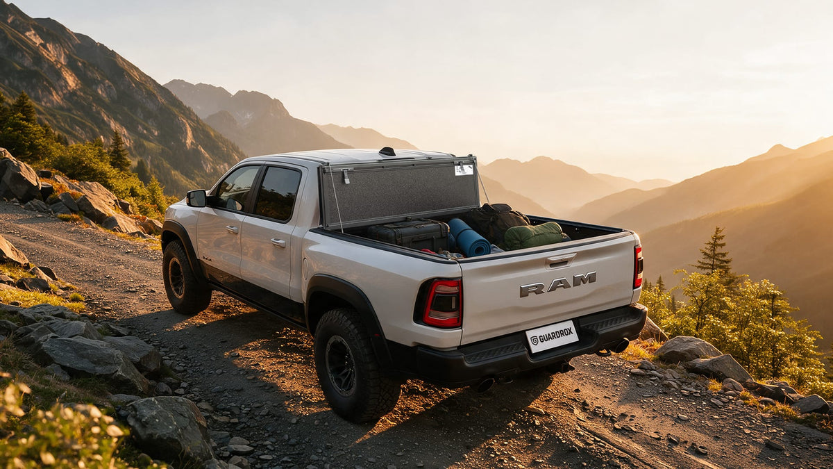 Flip-up tonneau cover upright on 2002-2018 Dodge Ram 1500 for full bed access