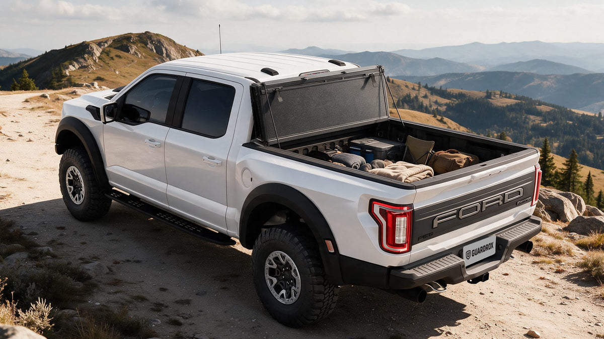 Flip-up tonneau cover upright on Ford F-150 for full bed access