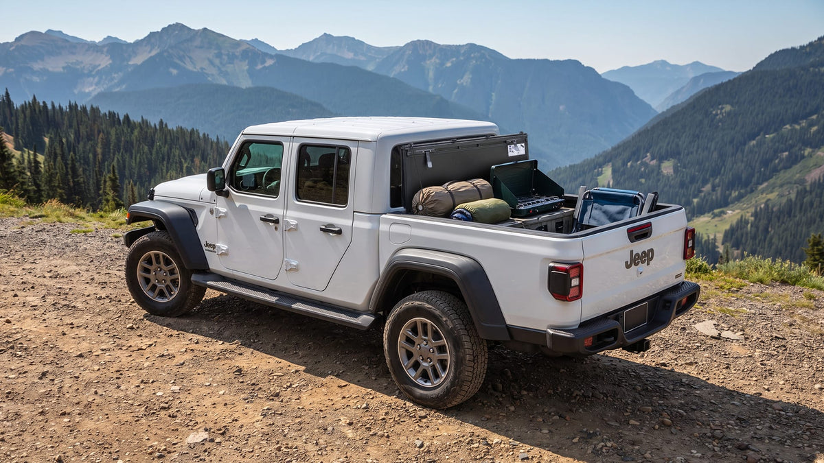 Flip-up tonneau cover upright on Jeep Gladiator JT for full bed access