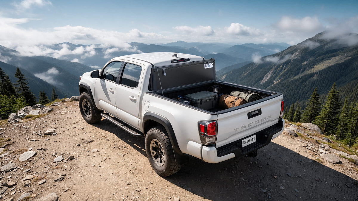 Flip-up tonneau cover upright on Toyota Tacoma 5ft Short Bed for full bed access