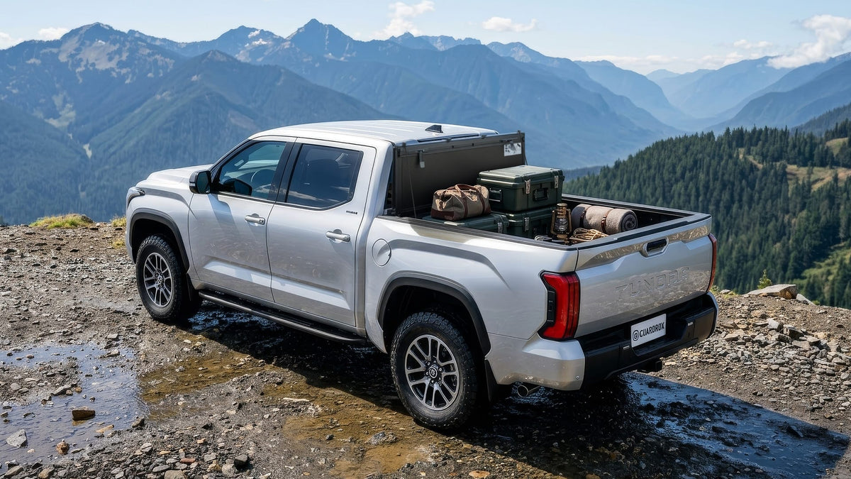 Upright flip-up tonneau cover on Toyota Tundra for full bed access